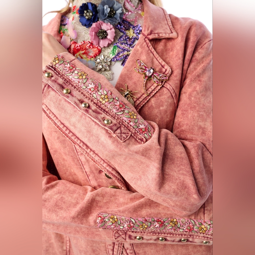 NWT Floral Embroidered Pink French Terry Jacket - Picture 7 of 13